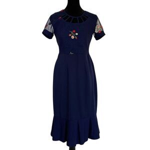 Vintage Look Womens Navy Blue Embroidered Dress Size S 1940's Midi Short Sleeve‎